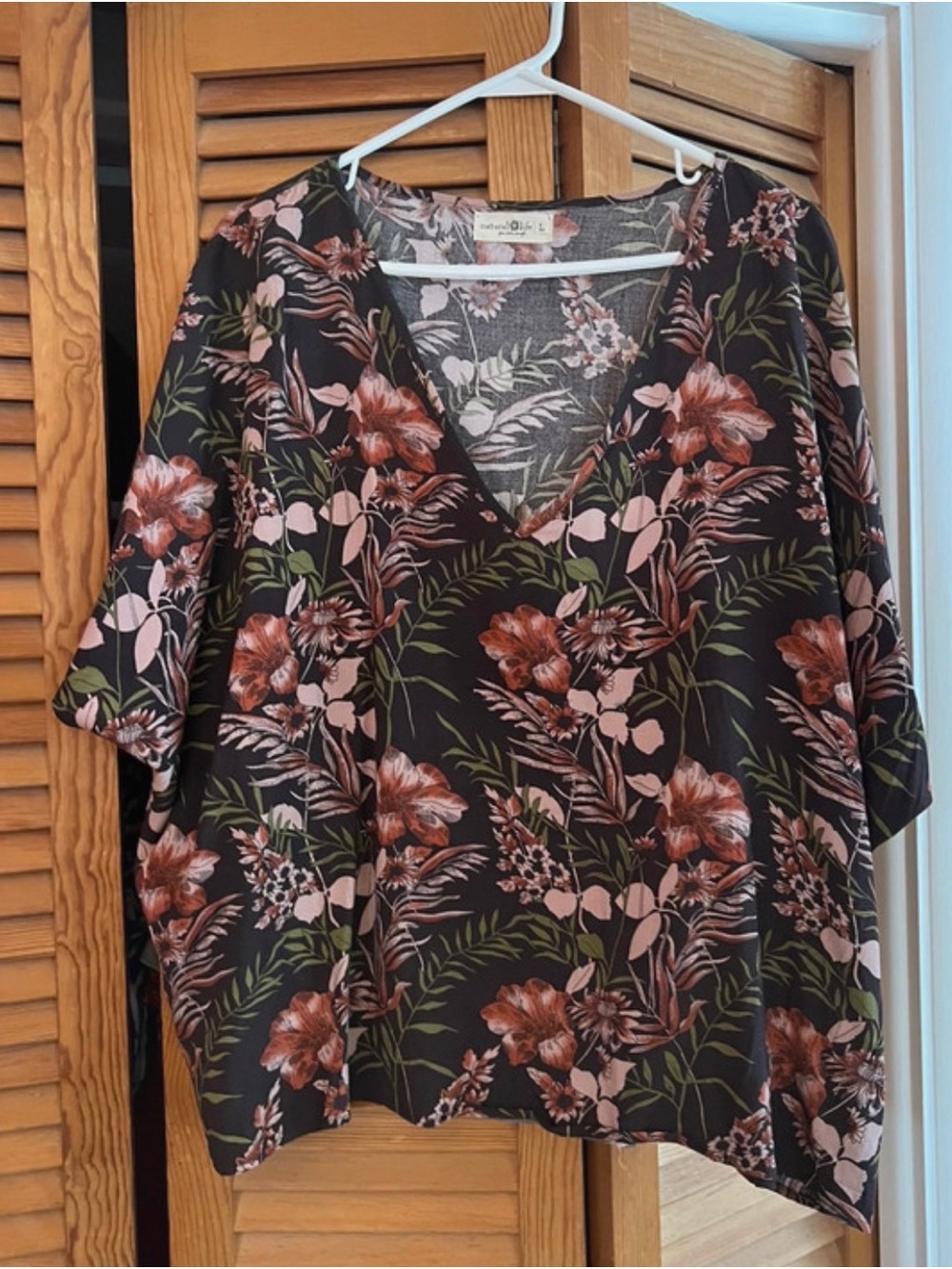 NATURAL LIFE Black Floral V-Neck Tunic with Pink & Brown Blooms